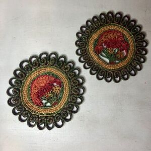 Vintage 70s Straw Trivet Shrimp and Flower Design Woven Serving Set of 2